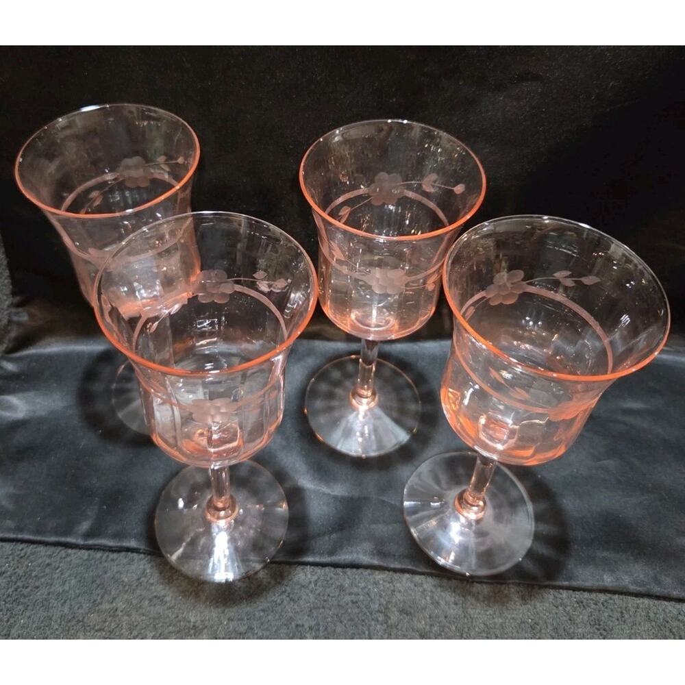 Set Of 4 Pink Depression Glass Water Goblets Etched Flowers 7 In - Picture 3 of 8